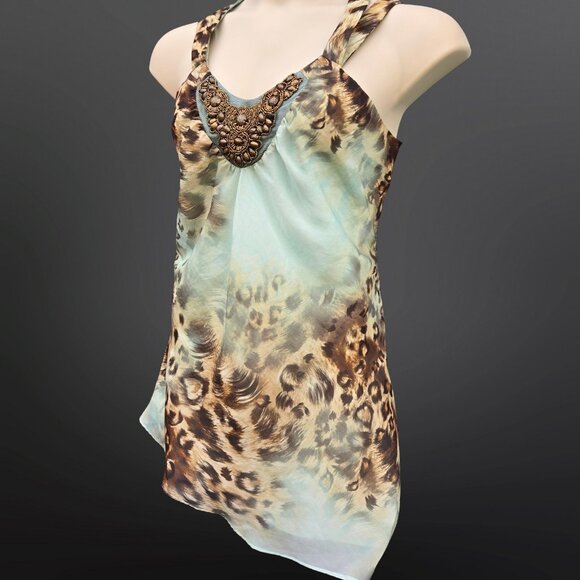 Y2K Sleeveless Beaded Asymmetric Top Size 20 2XL Leopard Seafoam Green Chiffon - Picture 6 of 12